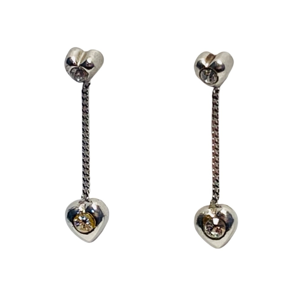 925 Sterling Silver Heart & Chain Dangle Drop Earrings (2g) Clear Stone, 1"